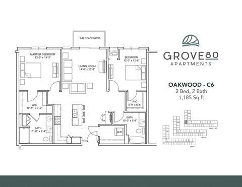 Floor plan for 2 beds, 2 baths, 1185 sqft